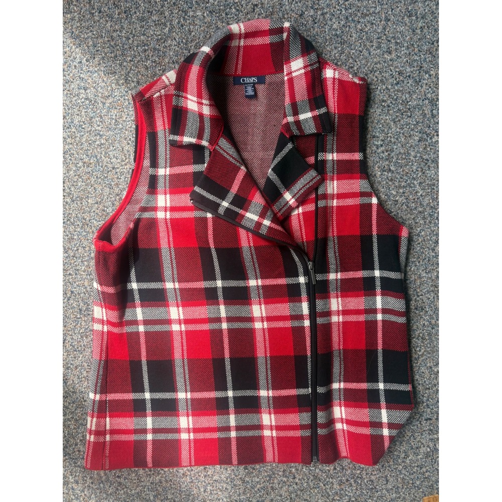 Chaps XL Red Black Plaid Super Soft Zip Knit Moto Vest Sweater